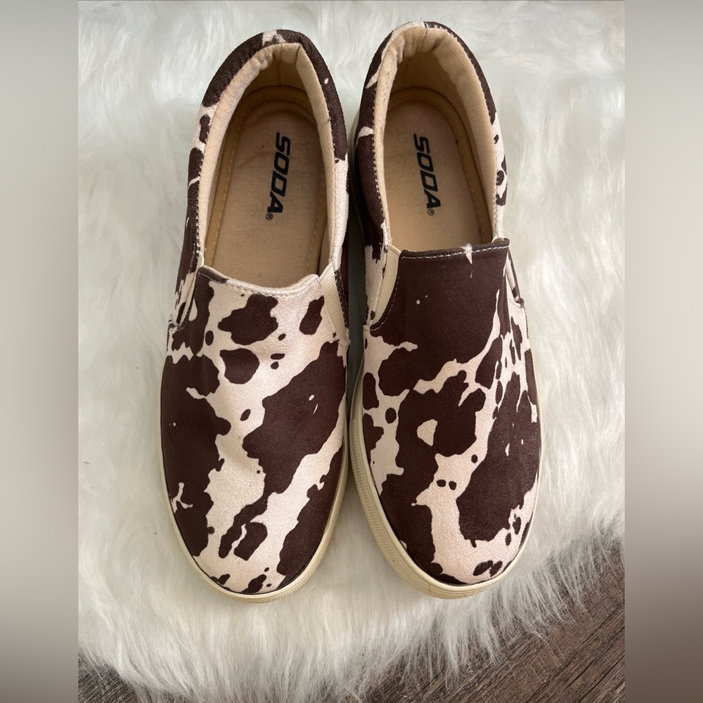 Soda Brown and Cream Cow Print Sneakers